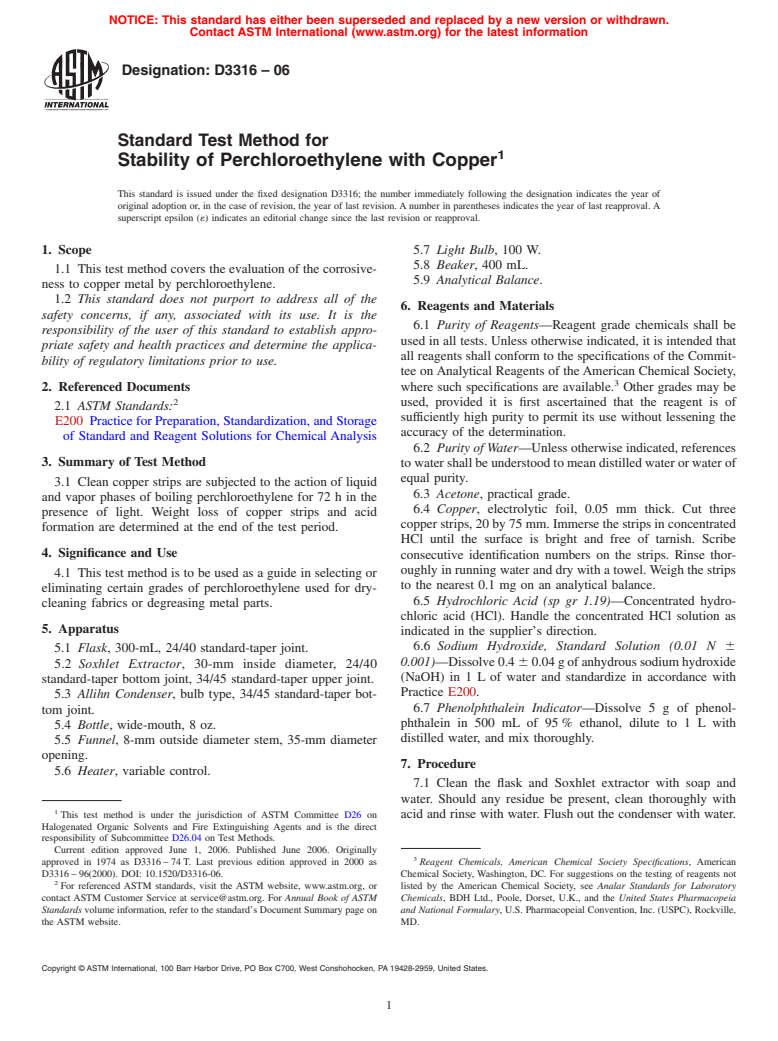 ASTM D3316-06 - Standard Test Method for Stability of Perchloroethylene with Copper