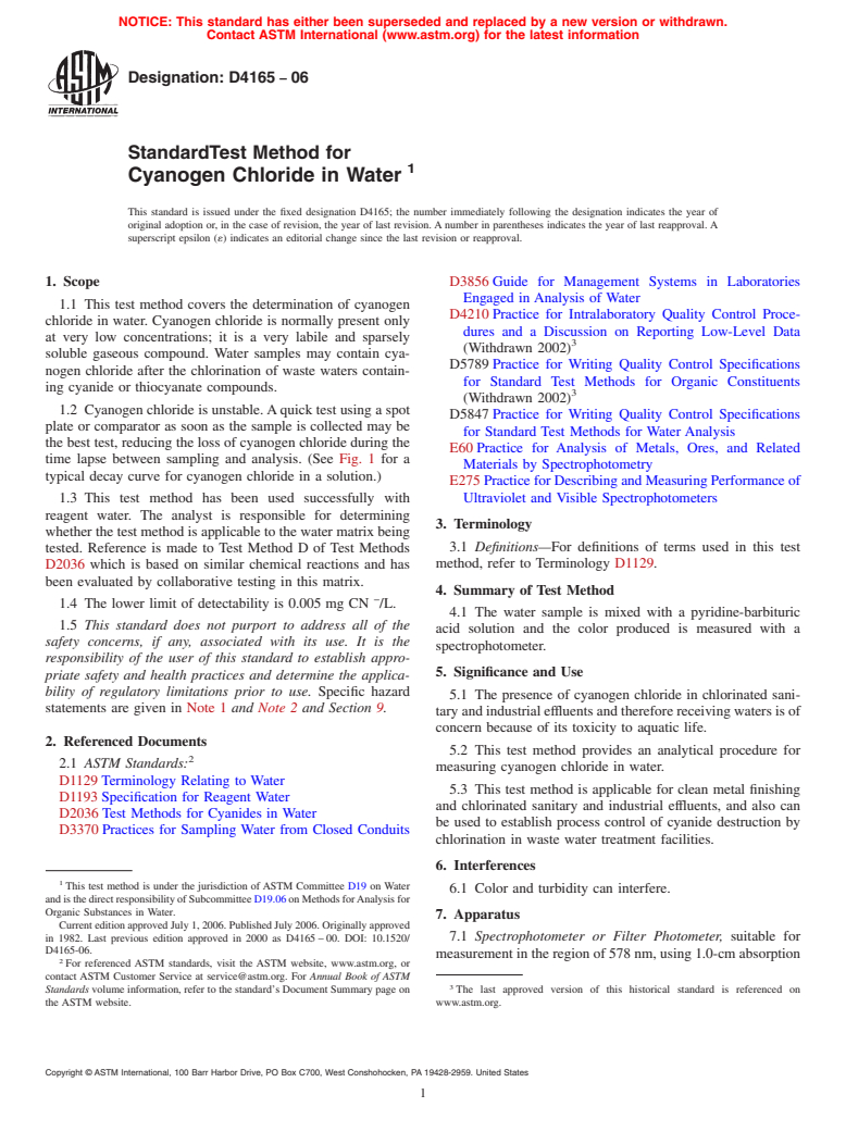 ASTM D4165-06 - Standard Test Method for Cyanogen Chloride in Water