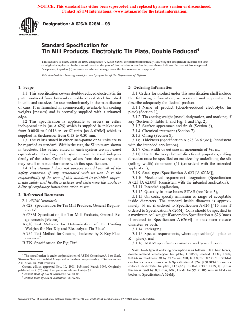 ASTM A626/A626M-98 - Standard Specification for Tin Mill Products, Electrolytic Tin Plate, Double Reduced