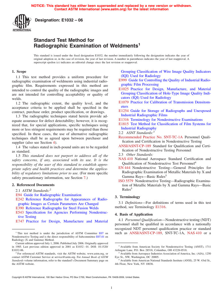 ASTM E1032-06 - Standard Test Method for Radiographic Examination of Weldments