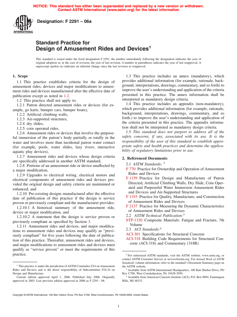 ASTM F2291-06a - Standard Practice for Design of Amusement Rides and Devices