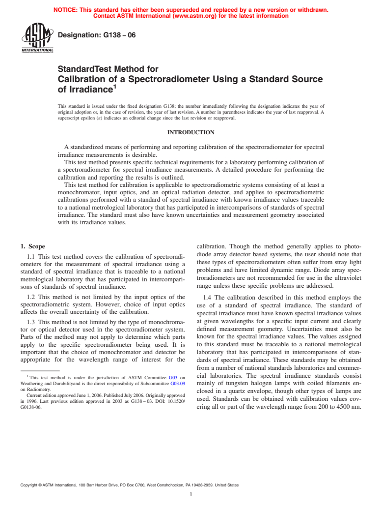 ASTM G138-06 - Standard Test Method for Calibration of a Spectroradiometer Using a Standard Source of Irradiance