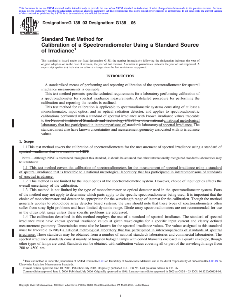 REDLINE ASTM G138-06 - Standard Test Method for Calibration of a Spectroradiometer Using a Standard Source of Irradiance