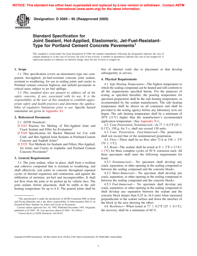 ASTM D3569-95(2000) - Standard Specification for Joint Sealant, Hot-Applied, Elastomeric, Jet-Fuel-Resistant-Type for Portland Cement Concrete Pavements