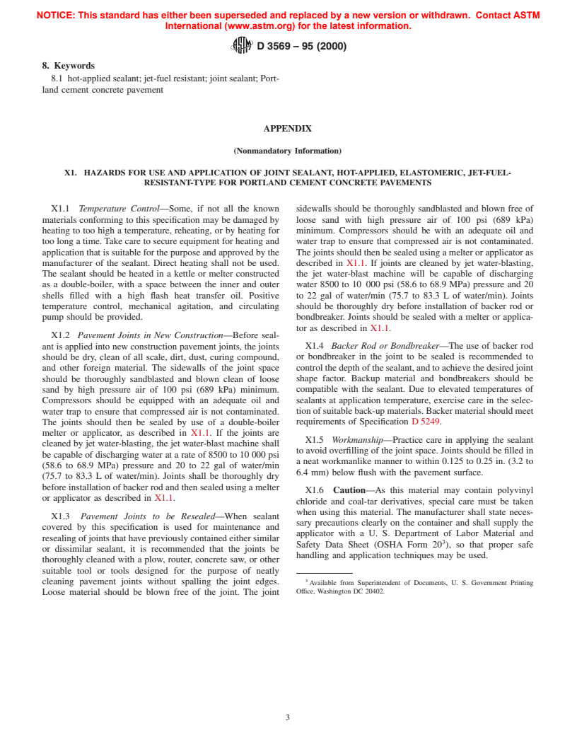 ASTM D3569-95(2000) - Standard Specification for Joint Sealant, Hot-Applied, Elastomeric, Jet-Fuel-Resistant-Type for Portland Cement Concrete Pavements