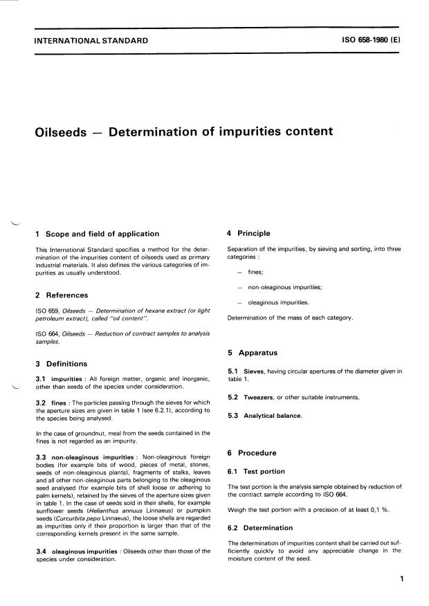 ISO 658:1980 - Oilseeds -- Determination of impurities content