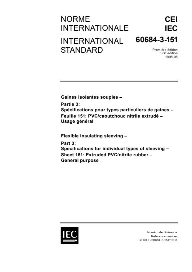 IEC 60684-3-151:1998 - Flexible insulating sleeving - Part 3: Specifications for individual types of sleeving - Sheet 151: Extruded PVC/nitrile rubber - General purpose