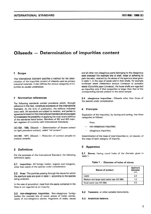 ISO 658:1988 - Oilseeds -- Determination of impurities content