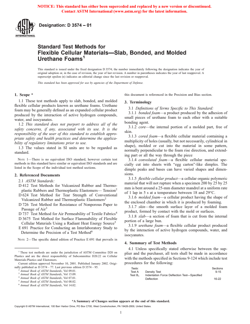 ASTM D3574-01 - Standard Test Methods for Flexible Cellular Materials&#8212;Slab, Bonded, and Molded Urethane Foams