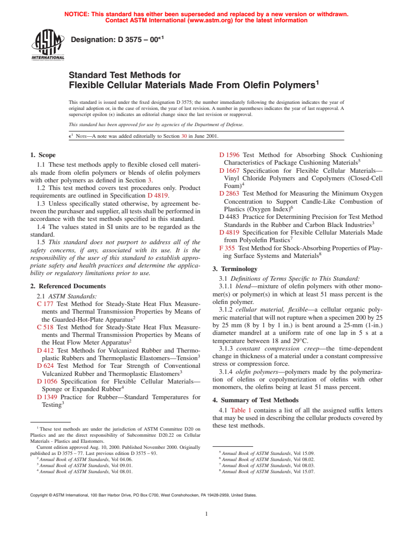 ASTM D3575-00e1 - Standard Test Methods for Flexible Cellular Materials Made From Olefin Polymers