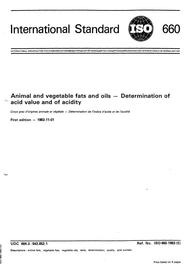 ISO 660:1983 - Animal and vegetable fats and oils -- Determination of acid value and of acidity