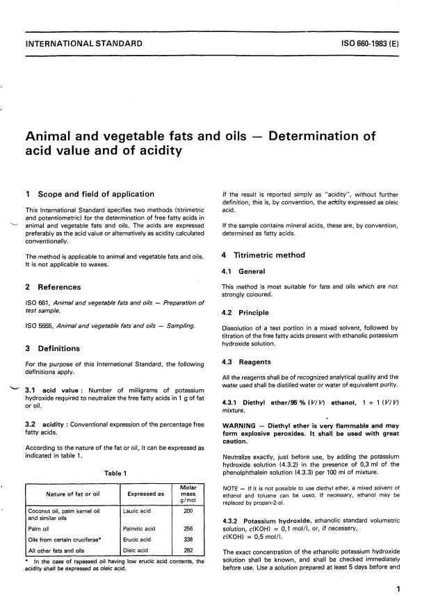 ISO 660:1983 - Animal and vegetable fats and oils -- Determination of acid value and of acidity