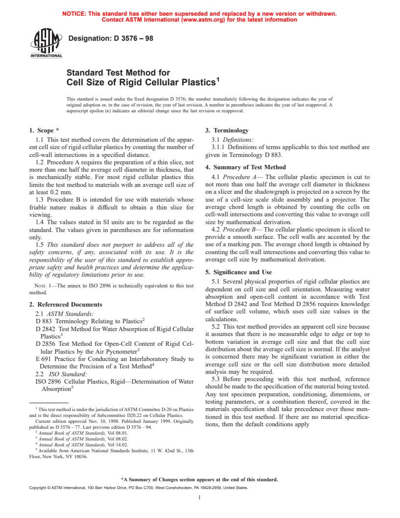 ASTM D3576-98 - Standard Test Method for Cell Size of Rigid Cellular Plastics