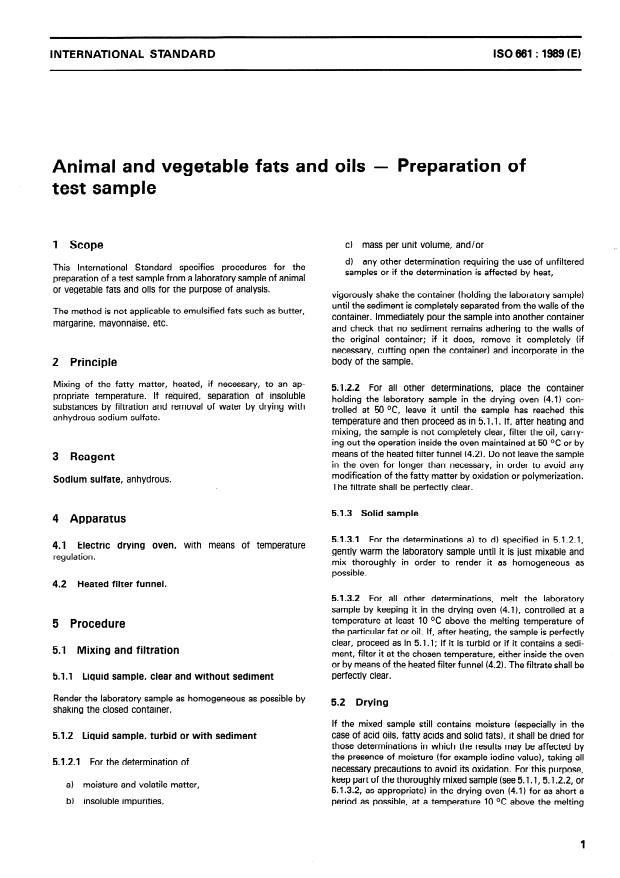 ISO 661:1989 - Animal and vegetable fats and oils -- Preparation of test sample
