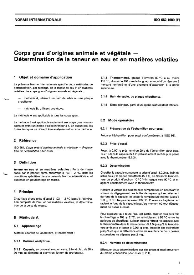 ISO 662:1980 - Corps gras d'origines animale et végétale -- Détermination de la teneur en eau et en matieres volatiles
