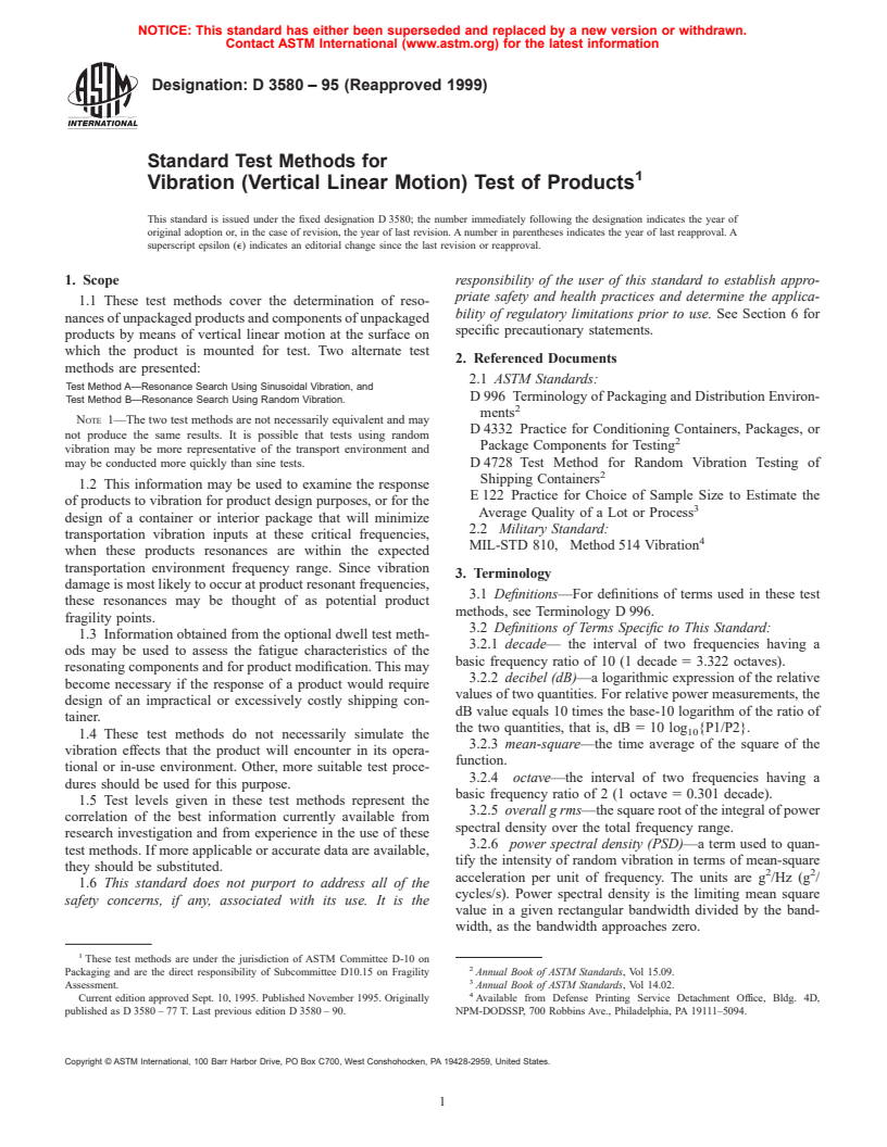 ASTM D3580-95(1999) - Standard Test Methods for Vibration (Vertical Linear Motion) Test of Products