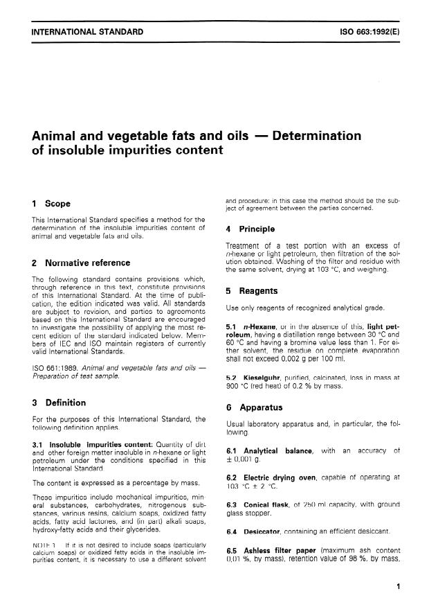 ISO 663:1992 - Animal and vegetable fats and oils -- Determination of insoluble impurities content