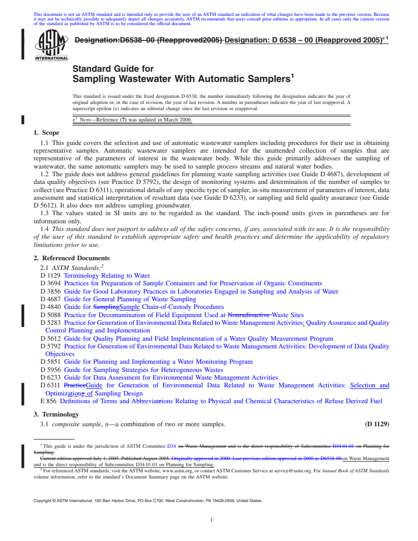 REDLINE ASTM D6538-00(2005)e1 - Standard Guide for Sampling Wastewater With Automatic Samplers