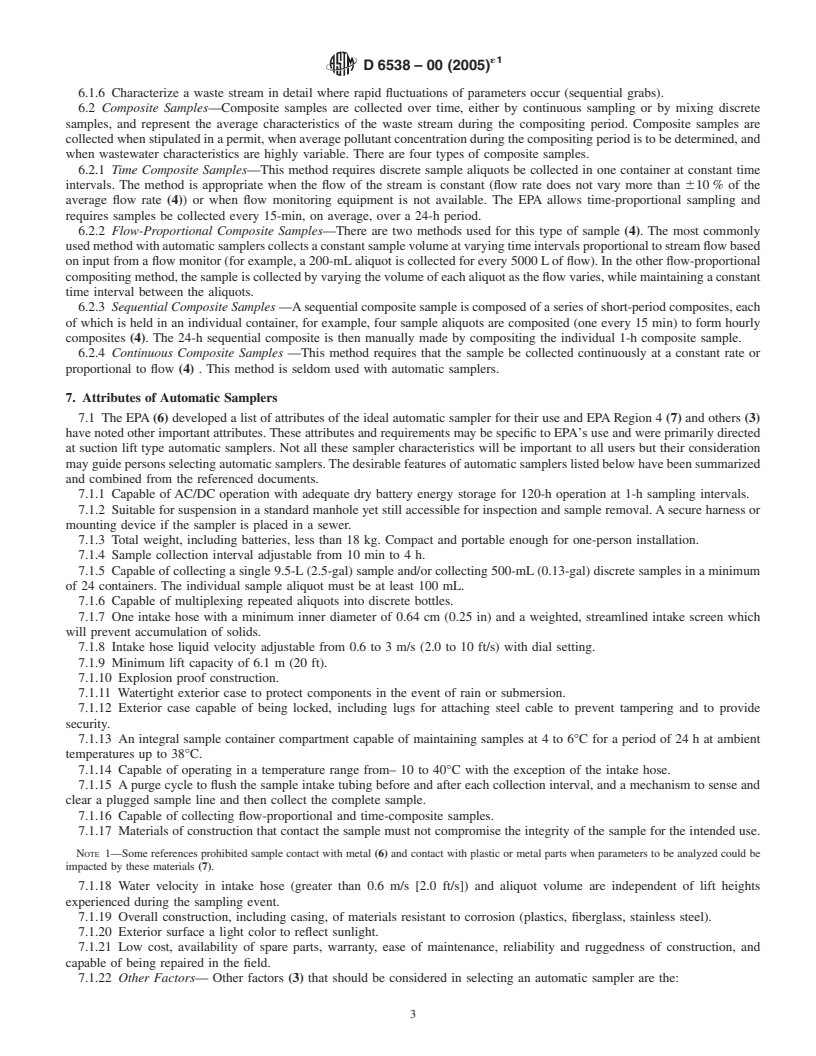 REDLINE ASTM D6538-00(2005)e1 - Standard Guide for Sampling Wastewater With Automatic Samplers