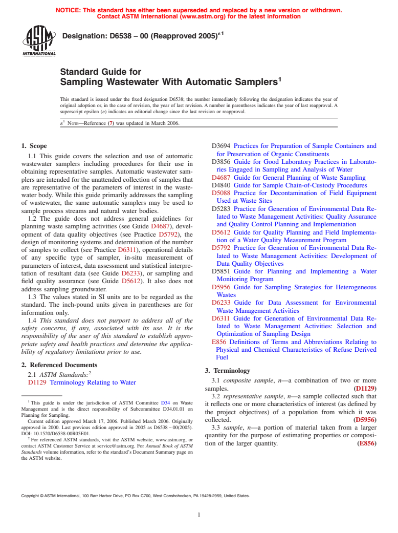 ASTM D6538-00(2005)e1 - Standard Guide for Sampling Wastewater With Automatic Samplers