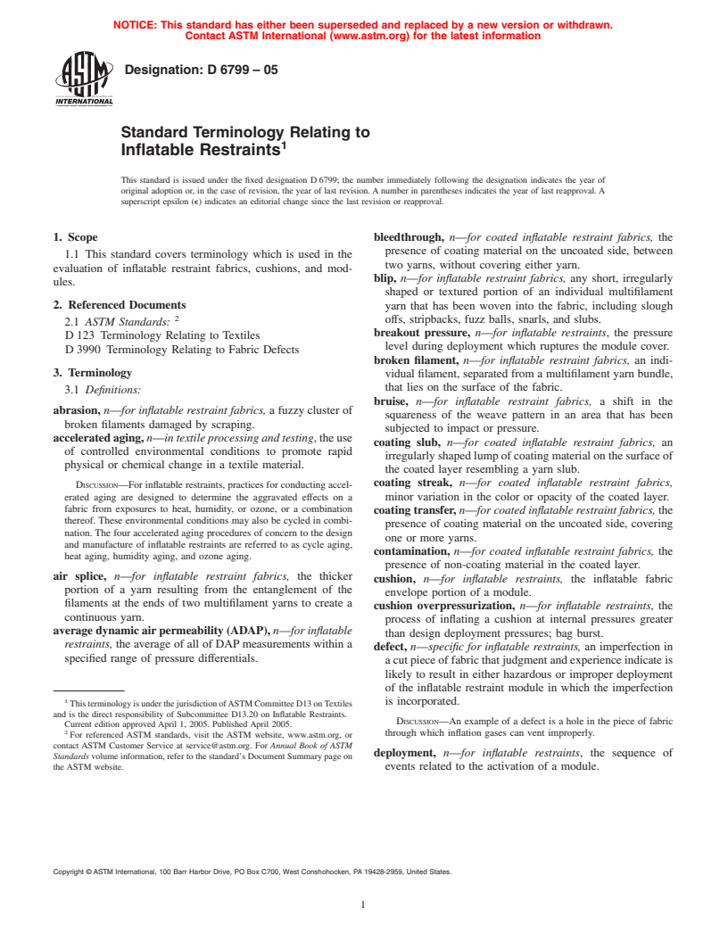 ASTM D6799-05 - Standard Terminology Relating to Inflatable Restraints