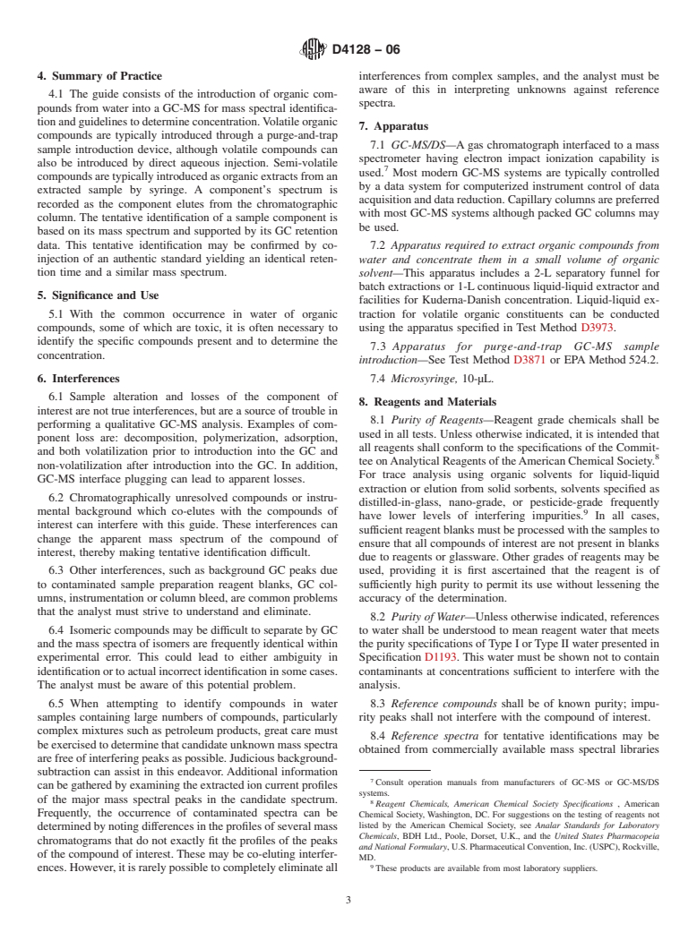 ASTM D4128-06 - Standard Guide for Identification and Quantitation of Organic Compounds in Water by Combined Gas Chromatography and Electron Impact Mass Spectrometry