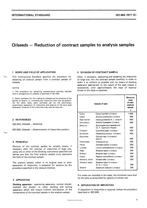 ISO 664:1977 - Oilseeds -- Reduction of contract samples to analysis samples