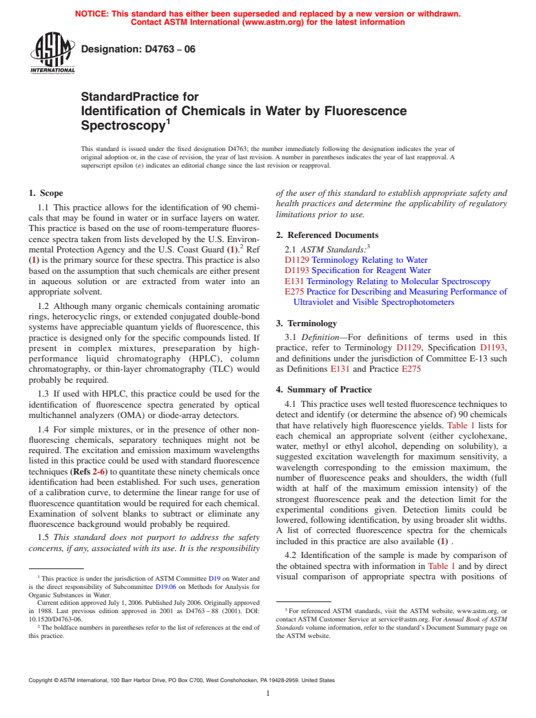 ASTM D4763-06 - Standard Practice for Identification of Chemicals in Water by Fluorescence Spectroscopy