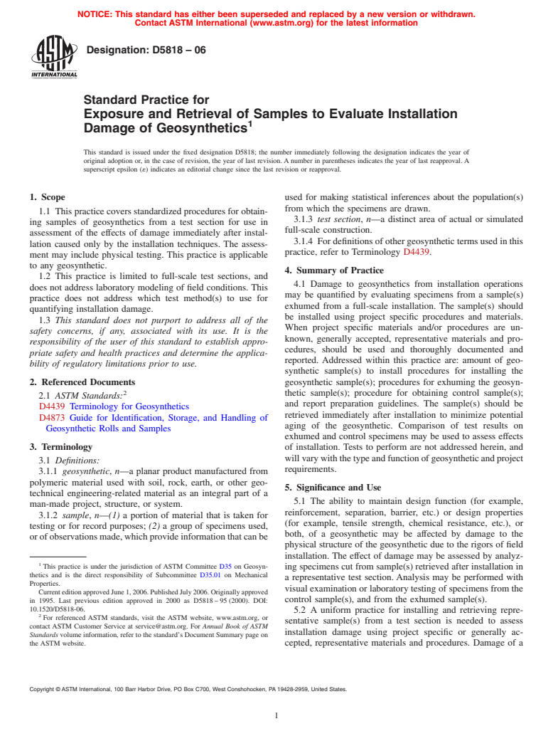 ASTM D5818-06 - Standard Practice for Exposure and Retrieval of Samples to Evaluate Installation Damage of Geosynthetics