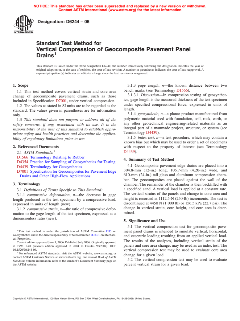 ASTM D6244-06 - Standard Test Method for Vertical Compression of Geocomposite Pavement Panel Drains