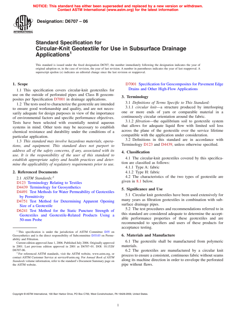 ASTM D6707-06 - Standard Specification for Circular-Knit Geotextile for Use in Subsurface Drainage Applications