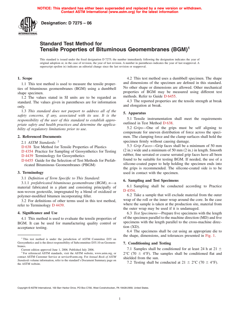 ASTM D7275-06 - Standard Test Method for Tensile Properties of Bituminous Geomembranes (BGM)
