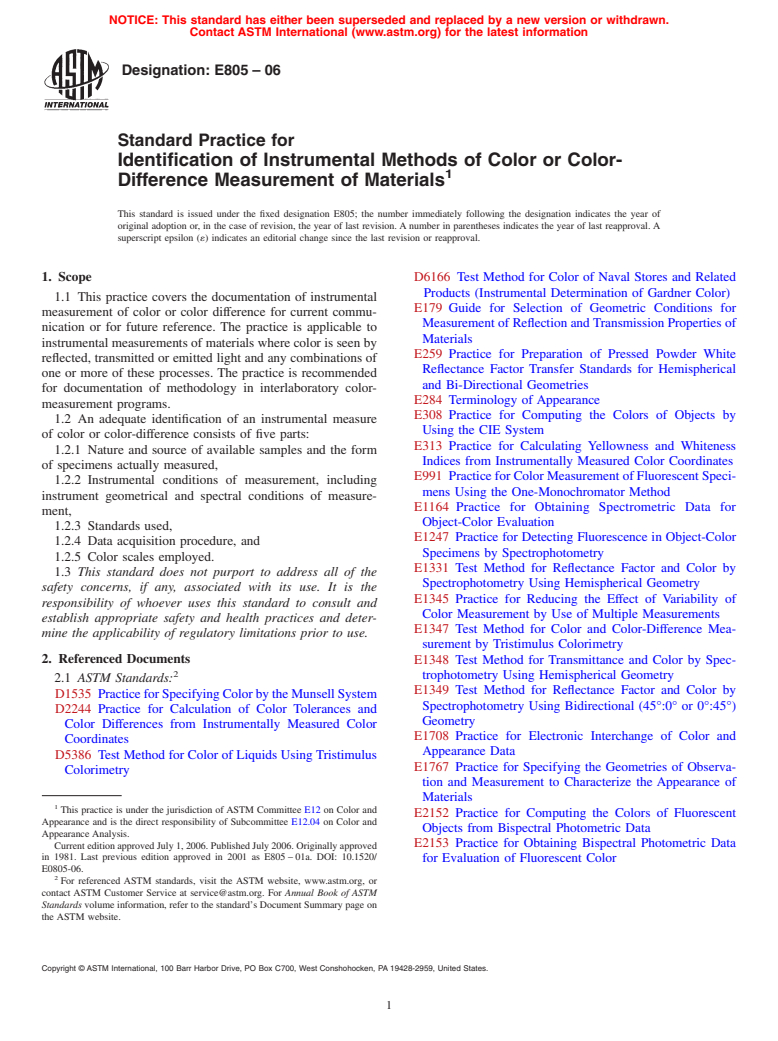 ASTM E805-06 - Standard Practice for Identification of Instrumental Methods of Color or Color-Difference Measurement of Materials