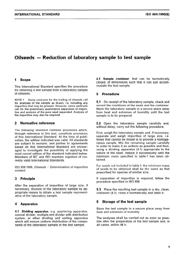 ISO 664:1990 - Oilseeds -- Reduction of laboratory sample to test sample