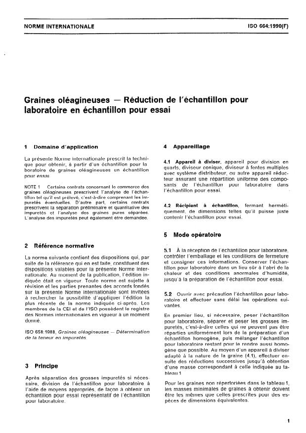 ISO 664:1990 - Graines oléagineuses -- Réduction de l'échantillon pour laboratoire en échantillon pour essai