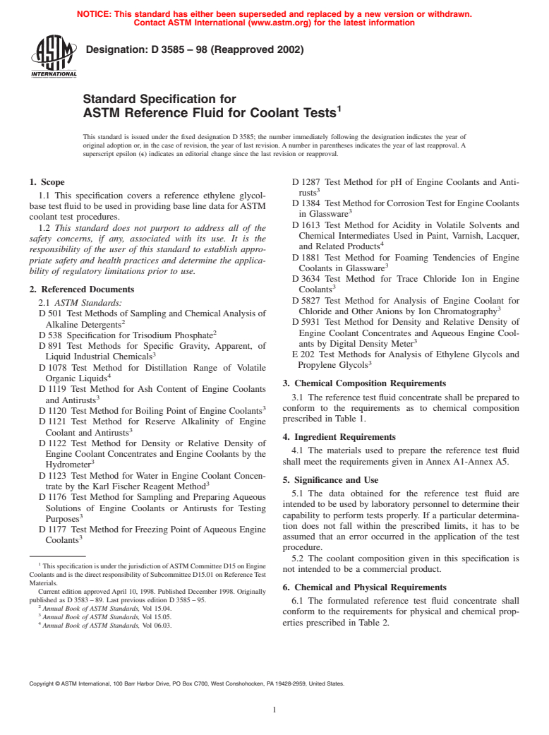 ASTM D3585-98(2002) - Standard Specification for ASTM Reference Fluid for Coolant Tests