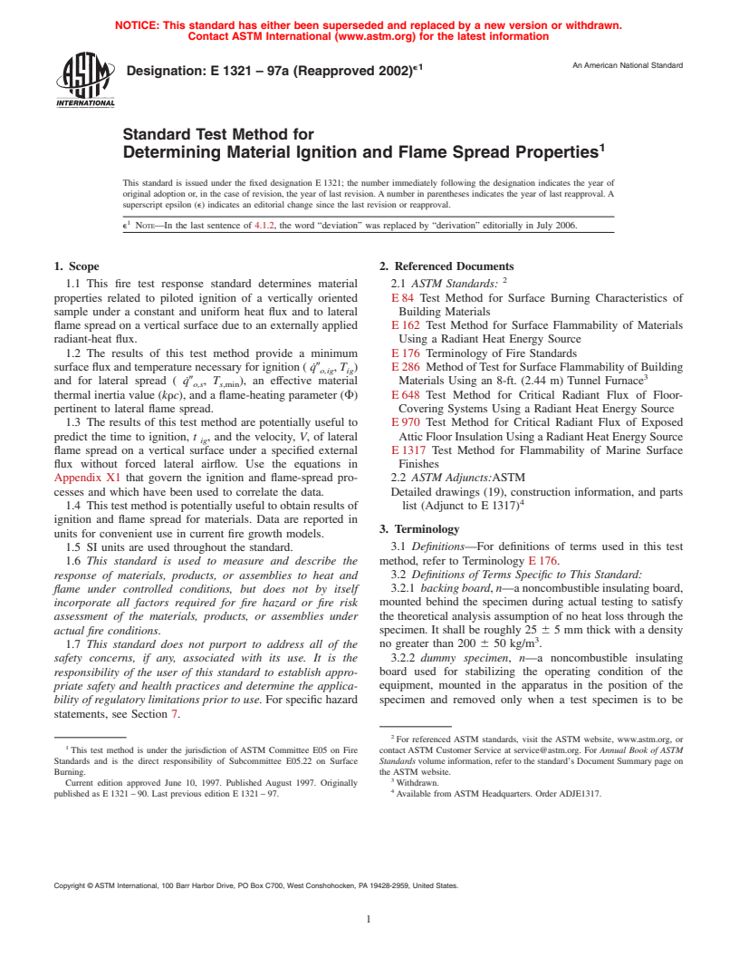 ASTM E1321-97a(2002)e1 - Standard Test Method for Determining Material Ignition and Flame Spread Properties