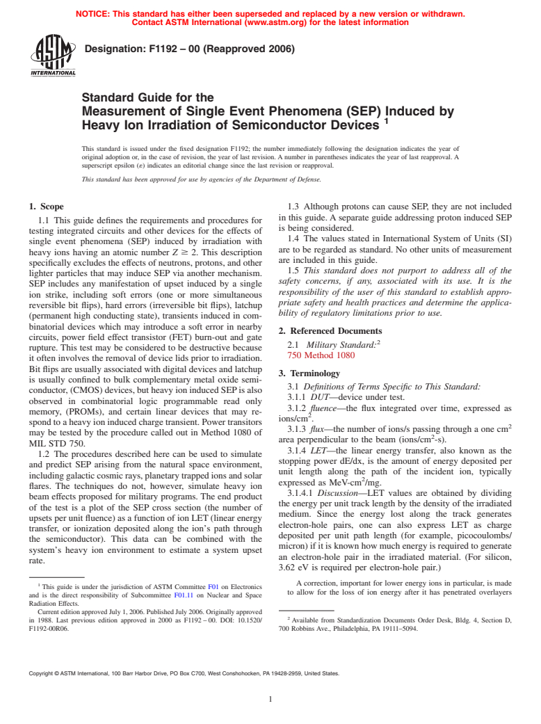 ASTM F1192-00(2006) - Standard Guide for the Measurement of Single Event Phenomena (SEP) Induced by Heavy Ion Irradiation of Semiconductor Devices