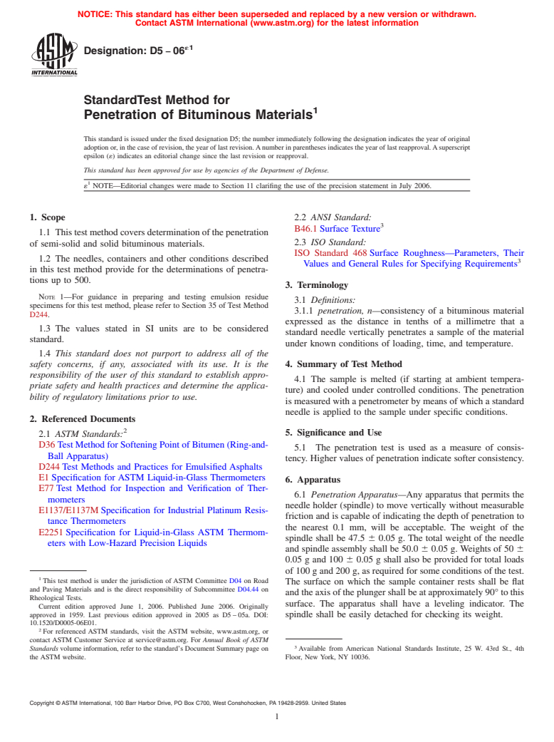 ASTM D5-06e1 - Standard Test Method for Penetration of Bituminous Materials