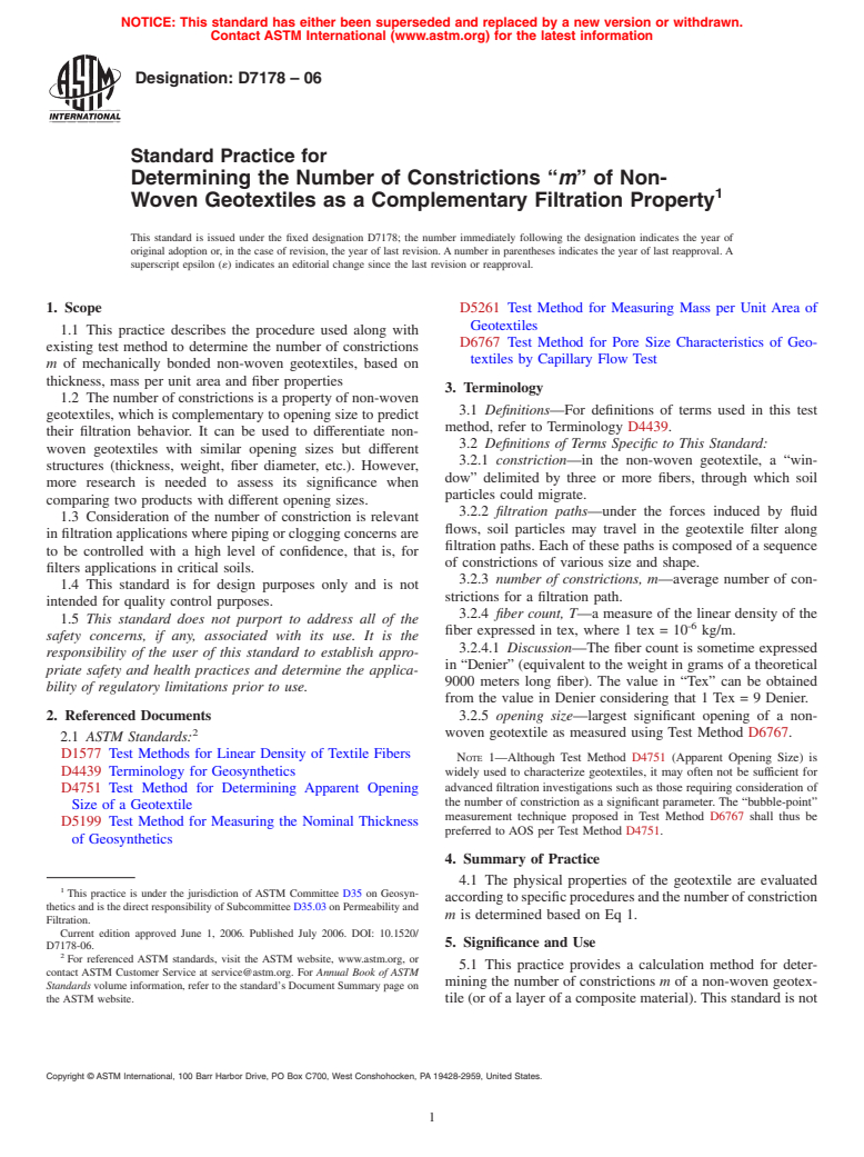 ASTM D7178-06 - Standard Practice for Determining the Number of Constrictions "<bdit>m</bdit>" of Non-Woven Geotextiles as a Complementary Filtration Property