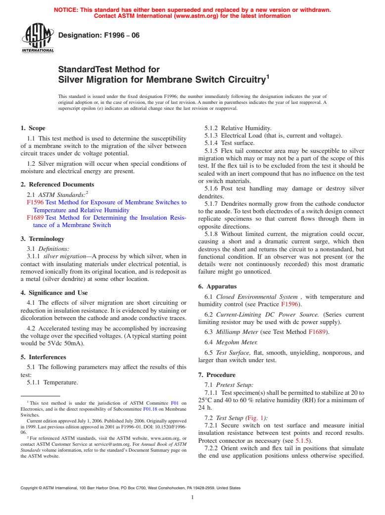 ASTM F1996-06 - Standard Test Method for Silver Migration for Membrane Switch Circuitry