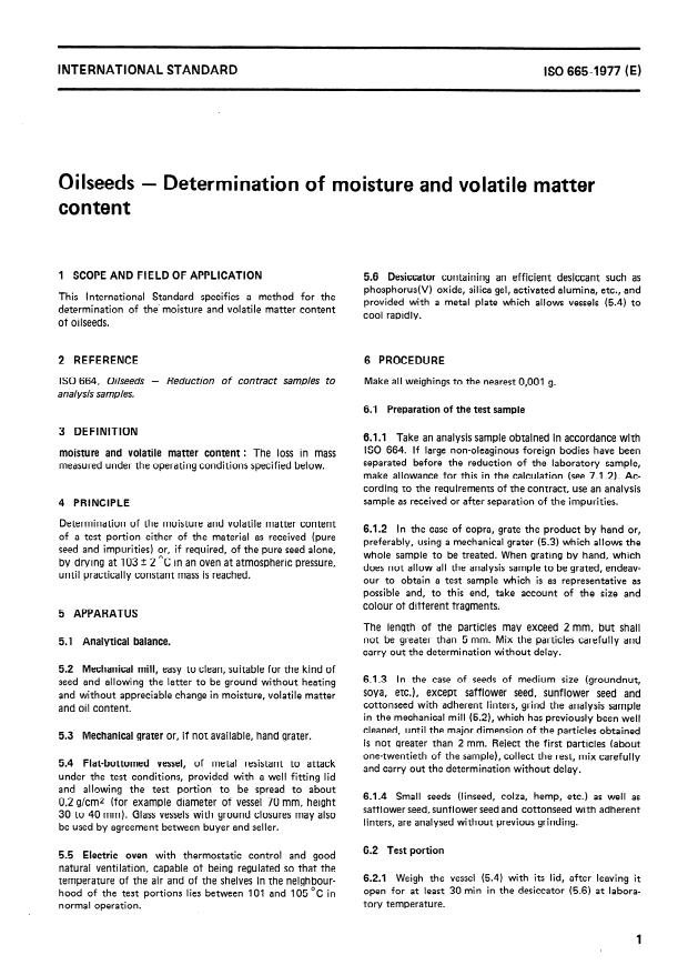 ISO 665:1977 - Oilseeds -- Determination of moisture and volatile matter content