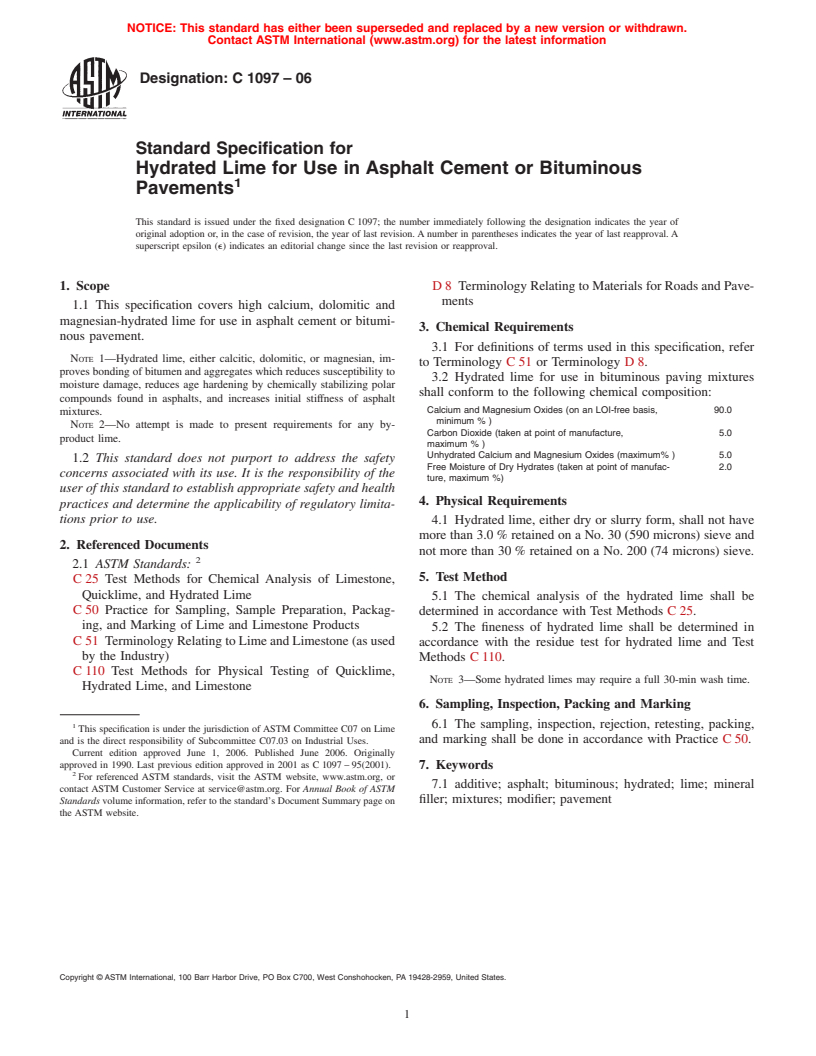 ASTM C1097-06 - Standard Specification for Hydrated Lime for Use in Asphalt Cement or Bituminous Pavements