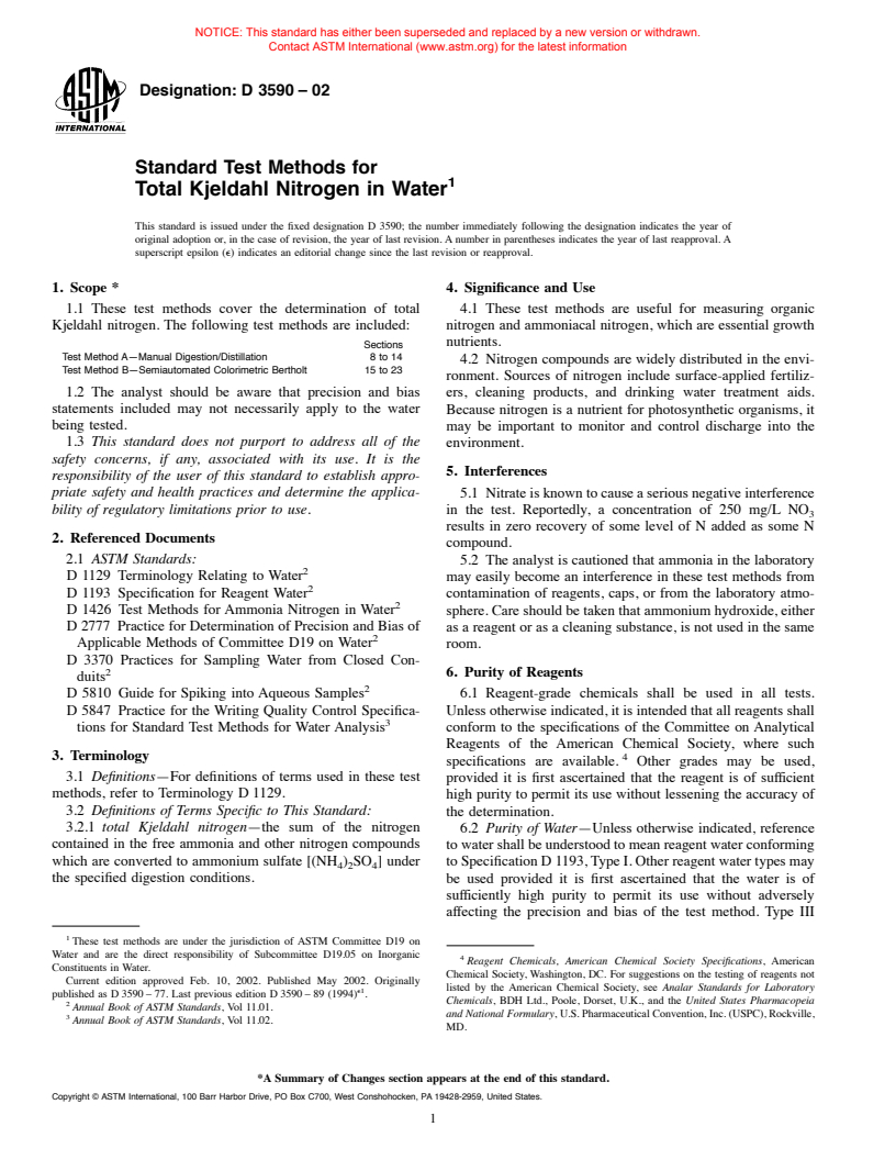 ASTM D3590-02 - Standard Test Methods for Total Kjeldahl Nitrogen in Water