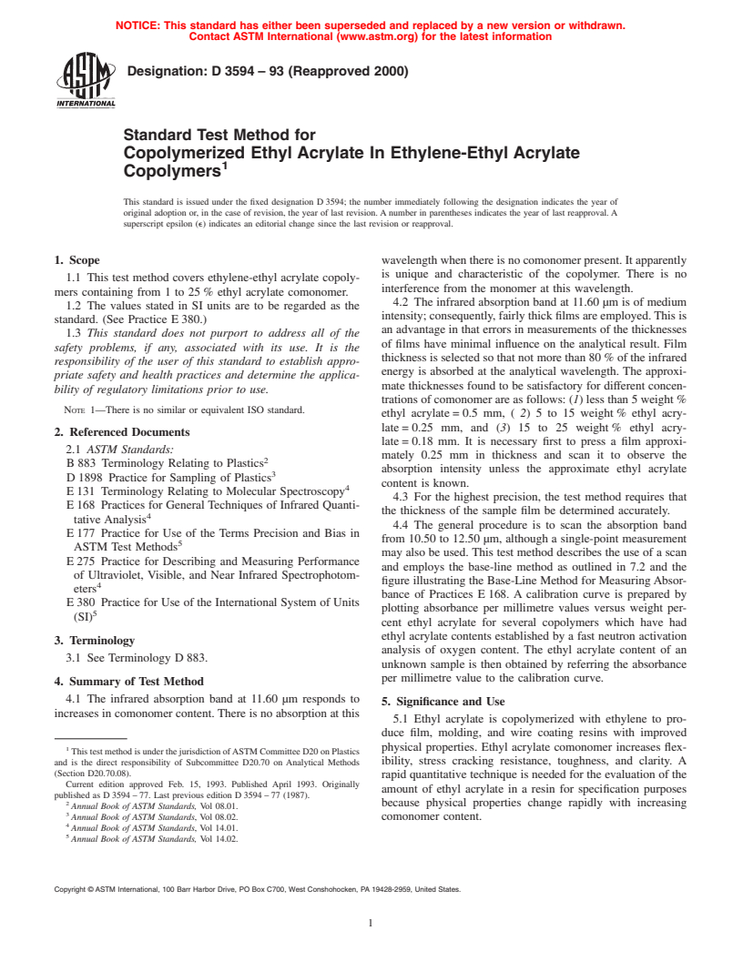 ASTM D3594-93(2000) - Standard Test Method for Copolymerized Ethyl Acrylate In Ethylene-Ethyl Acrylate Copolymers