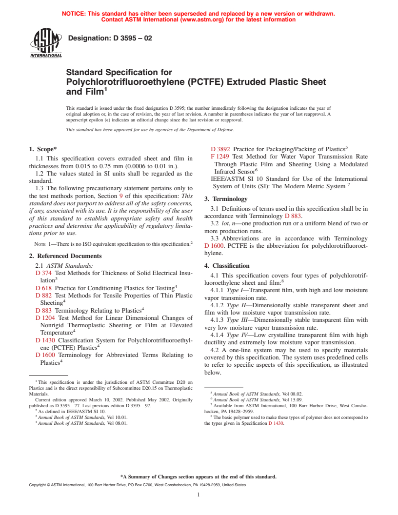 ASTM D3595-02 - Standard Specification for Polychlorotrifluoroethylene (PCTFE) Extruded Plastic Sheet and Film