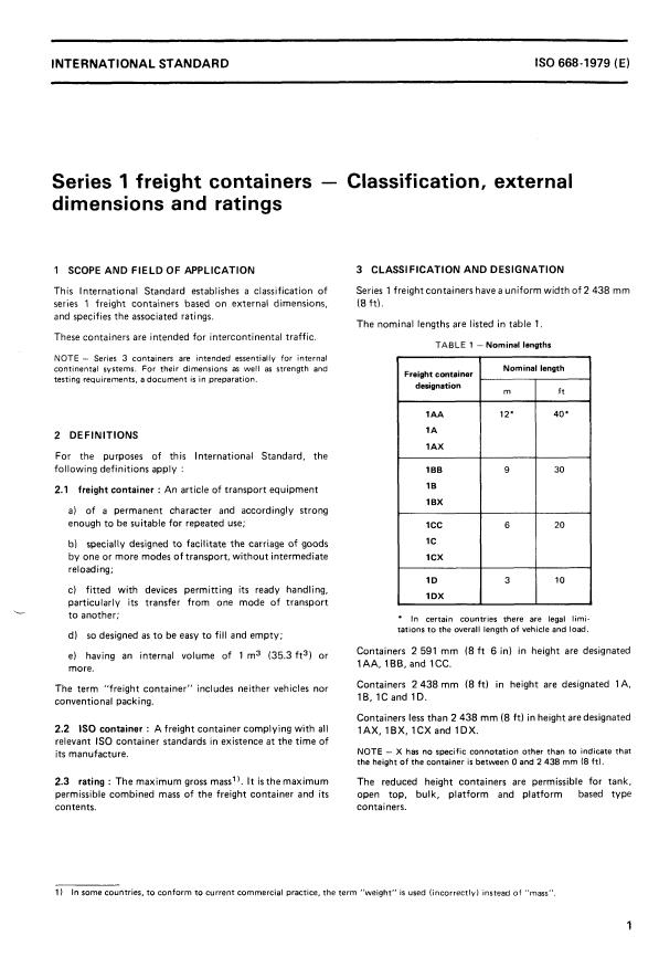 ISO 668:1979 - Series 1 freight containers -- Classification, external dimensions and ratings