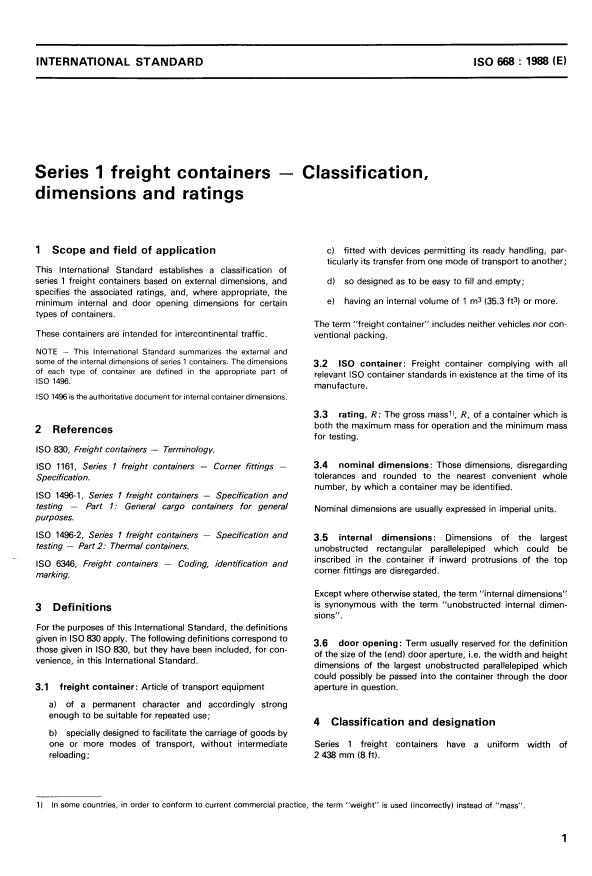 ISO 668:1988 - Series 1 freight containers -- Classification, dimensions and ratings