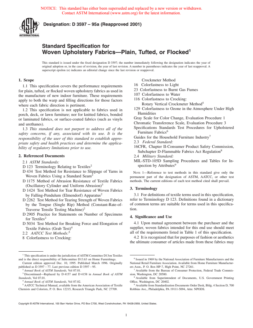 ASTM D3597-95a(2001) - Standard Specification for Woven Upholstery Fabrics-Plain, Tufted, or Flocked