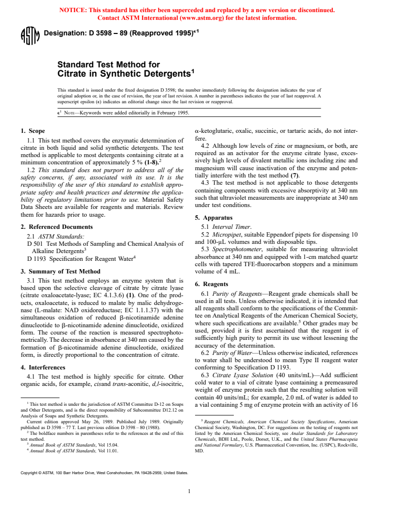 ASTM D3598-89(1995)e1 - Standard Test Method for Citrate in Synthetic Detergents